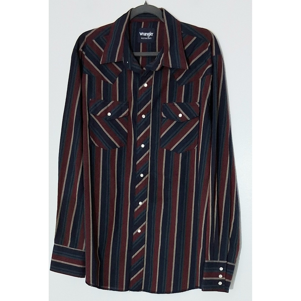 Wrangler Shirt* Mens Large Striped Pearl Snap Long Sleeve Blue Red Green Western